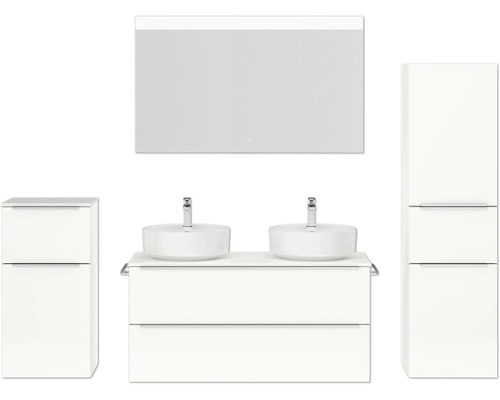 Set de meubles de salle de bains double NOBILIA Programm 3 lxhxp 230 x 169,1 x 48,7 cm couleur de façade blanc haute brillance avec lavabo en applique blanc et miroir avec éclairage LED armoire midi meuble bas barre de prise chrome mat 570