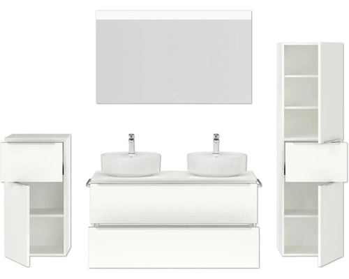 Ensemble complet de salle de bains avec meuble-lavabo, miroir, lavabos et armoires
