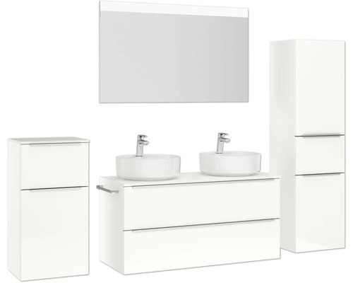 Ensemble de salle de bains avec meuble sous-vasque, vasque à poser, armoire de toilette et armoire haute