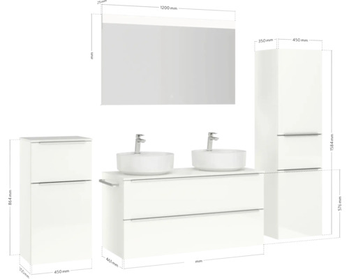 Salle de bains avec meuble sous-lavabo, deux vasques à poser, armoire de toilette et deux armoires hautes avec dimensions