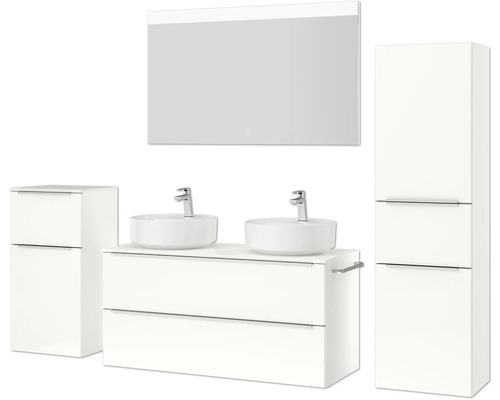 Ensemble de salle de bains avec meuble sous-lavabo, deux vasques à poser, armoire de toilette et armoire haute