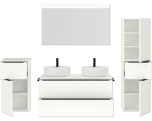 Ensemble de salle de bains avec meuble sous-vasque, deux vasques à poser, armoire de toilette et deux armoires hautes