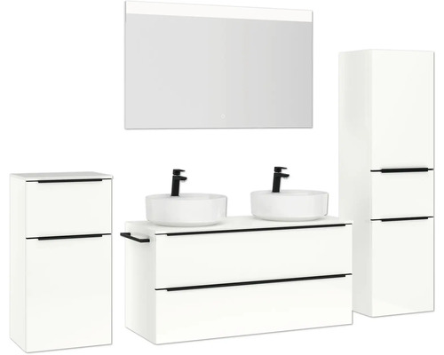 Ensemble de salle de bains avec meuble sous-lavabo, vasque à poser, armoire de toilette et armoire haute