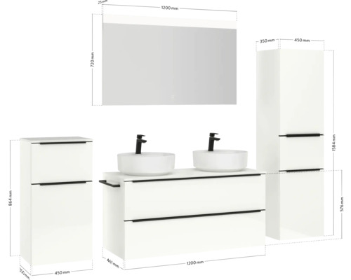 Salle de bains avec meuble-lavabo, vasque à poser, armoire de toilette et armoires hautes avec dimensions