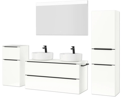 Ensemble de salle de bains avec meuble-lavabo, deux vasques à poser, miroir et armoire haute