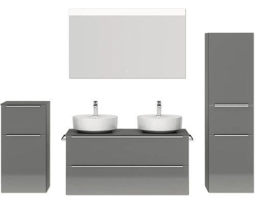 Set de meubles de salle de bains double NOBILIA Programm 3 lxhxp 230 x 169,1 x 48,7 cm couleur de façade gris haute brillance avec vasque à poser blanc et miroir avec éclairage LED armoire midi meuble bas barre de prise chrome mat 572