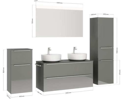 Ensemble complet de salle de bains avec meuble sous-lavabo, deux vasques à poser, armoire de toilette et deux armoires hautes avec indications de dimensions