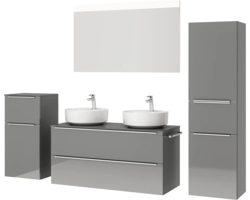 Ensemble de meubles de salle de bains avec meuble sous-lavabo, deux vasques à poser, armoire de toilette et armoire haute