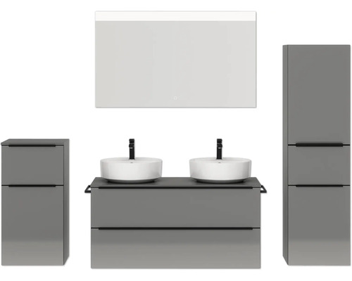 Set de meubles de salle de bains double NOBILIA Programm 3 lxhxp 230 x 169,1 x 48,7 cm couleur de façade gris haute brillance avec lavabo en applique blanc et miroir avec éclairage LED armoire midi meuble bas barre de prise noir 573