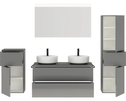 Ensemble de salle de bains avec meuble-lavabo, deux vasques, armoire de toilette et armoires hautes