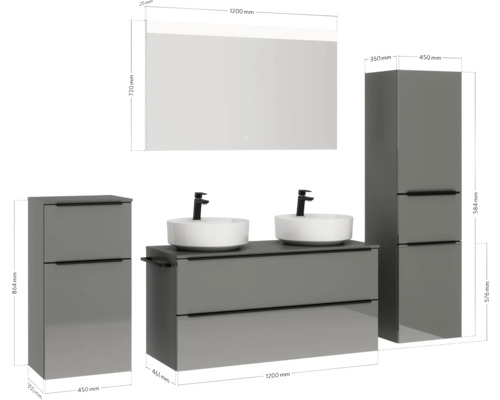 Ensemble complet de meubles de salle de bains avec meuble sous-lavabo, deux vasques à poser, armoire de toilette et deux armoires hautes