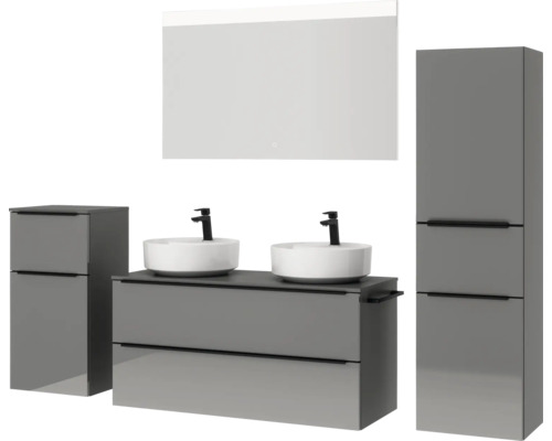 Ensemble de salle de bains gris avec meuble-lavabo, vasques à poser, armoire de toilette à miroir et armoire haute