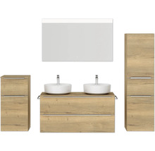 Doppel-Badmöbel-Set NOBILIA Programm 3 BxHxT 230 x 169,1 x 48,7 cm Frontfarbe eiche natur mit Aufsatz-Waschtisch weiß und Spiegel mit LED-Beleuchtung Midischrank Unterschrank Griffleiste chrom matt 574