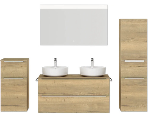 Set de meubles de salle de bains double NOBILIA Programm 3 lxhxp 230 x 169,1 x 48,7 cm couleur de façade chêne nature avec lavabo en applique blanc et miroir avec éclairage LED armoire midi meuble bas barre de prise chrome mat 574