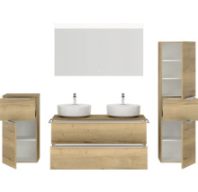 Doppel-Badmöbel-Set NOBILIA Programm 3 BxHxT 230 x 169,1 x 48,7 cm Frontfarbe eiche natur mit Aufsatz-Waschtisch weiß und Spiegel mit LED-Beleuchtung Midischrank Unterschrank Griffleiste chrom matt 574