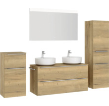 Doppel-Badmöbel-Set NOBILIA Programm 3 BxHxT 230 x 169,1 x 48,7 cm Frontfarbe eiche natur mit Aufsatz-Waschtisch weiß und Spiegel mit LED-Beleuchtung Midischrank Unterschrank Griffleiste chrom matt 574