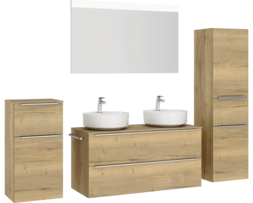 Ensemble de salle de bains avec meuble-lavabo, deux vasques à poser, armoire de toilette et deux armoires hautes aspect bois