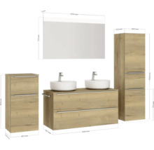 Doppel-Badmöbel-Set NOBILIA Programm 3 BxHxT 230 x 169,1 x 48,7 cm Frontfarbe eiche natur mit Aufsatz-Waschtisch weiß und Spiegel mit LED-Beleuchtung Midischrank Unterschrank Griffleiste chrom matt 574