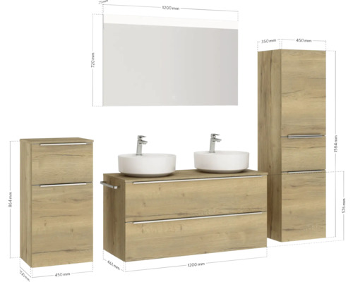 Ensemble de salle de bains avec meuble sous-lavabo, deux vasques à poser, armoire de toilette à miroir et deux armoires hautes