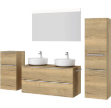 Badezimmermöbelset mit Waschtisch, zwei Aufsatzwaschbecken, Spiegelschrank und Hochschränken