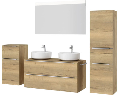 Ensemble de meubles de salle de bains avec meuble-lavabo, deux vasques à poser, armoire de toilette à miroir et armoires hautes