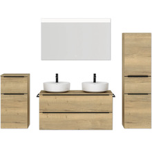 Set de meubles de salle de bains double NOBILIA Programm 3 lxhxp 230 x 169,1 x 48,7 cm couleur de façade chêne naturel avec vasque à poser blanc et miroir avec éclairage LED armoire midi meuble bas barre de prise noire 575