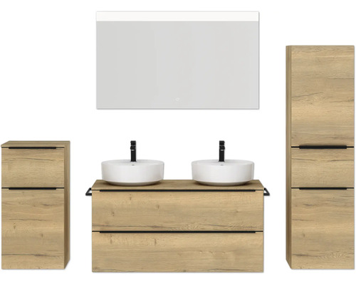 Set de meubles de salle de bains double NOBILIA Programm 3 lxhxp 230 x 169,1 x 48,7 cm couleur de façade chêne naturel avec vasque à poser blanc et miroir avec éclairage LED armoire midi meuble bas barre de prise noire 575