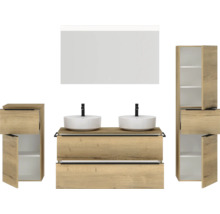 Set de meubles de salle de bains double NOBILIA Programm 3 lxhxp 230 x 169,1 x 48,7 cm couleur de façade chêne naturel avec vasque à poser blanc et miroir avec éclairage LED armoire midi meuble bas barre de prise noire 575