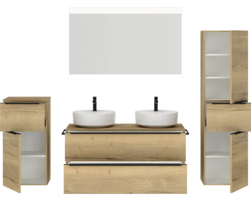 Salle de bains avec meuble sous-lavabo, deux vasques à poser, armoire de toilette et armoire haute