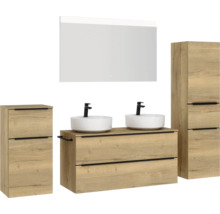 Set de meubles de salle de bains double NOBILIA Programm 3 lxhxp 230 x 169,1 x 48,7 cm couleur de façade chêne naturel avec vasque à poser blanc et miroir avec éclairage LED armoire midi meuble bas barre de prise noire 575
