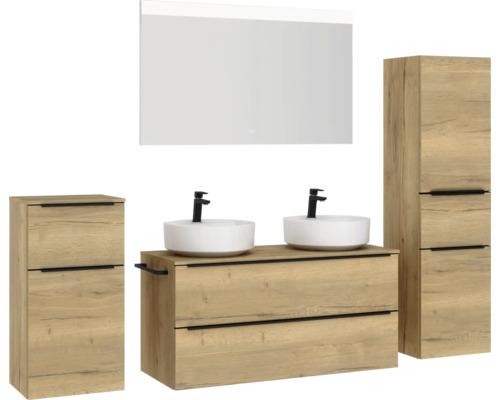 Ensemble de salle de bains avec meuble sous-vasque, deux vasques à poser, armoire de toilette et deux armoires hautes