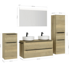 Set de meubles de salle de bains double NOBILIA Programm 3 lxhxp 230 x 169,1 x 48,7 cm couleur de façade chêne naturel avec vasque à poser blanc et miroir avec éclairage LED armoire midi meuble bas barre de prise noire 575