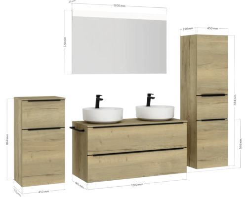 Ensemble complet de salle de bains avec meuble-lavabo, deux vasques, armoire de toilette et deux meubles latéraux avec tiroirs.