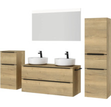 Set de meubles de salle de bains double NOBILIA Programm 3 lxhxp 230 x 169,1 x 48,7 cm couleur de façade chêne naturel avec vasque à poser blanc et miroir avec éclairage LED armoire midi meuble bas barre de prise noire 575