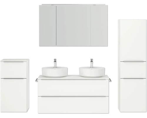 Set de meubles de salle de bains double NOBILIA Programm 3 lxhxp 230 x 169,1 x 48,7 cm couleur de façade blanc mat avec vasque pour meuble et armoire de toilette à 3 portes avec éclairage LED meuble bas armoire midi barre de prise chrome mat