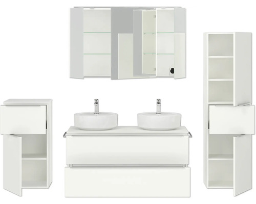 Ensemble de salle de bains avec meuble-lavabo, deux vasques, armoire de toilette et deux armoires hautes