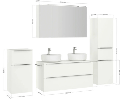 Ensemble de meubles de salle de bains avec double vasque, armoire de toilette et deux armoires hautes