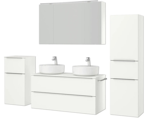 Ensemble de salle de bains avec lavabo, meuble-lavabo, armoire de toilette et armoire haute pour un aménagement de salle de bains élégant