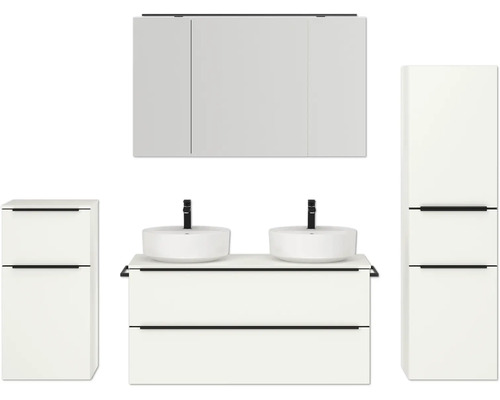 Doppel-Badmöbel-Set NOBILIA Programm 3 BxHxT 230 x 169,1 x 48,7 cm Frontfarbe weiß matt mit Möbel-Waschtisch und Spiegelschrank 3-türig mit LED-Beleuchtung Unterschrank Midischrank Griffleiste schwarz 577 Komplette Badezimmereinrichtung mit Doppelwaschbecken, Waschtischunterschrank, Spiegelschrank und Hochschrank