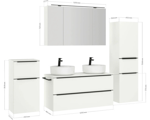 Badezimmer Möbelset mit Doppelwaschtisch, Spiegelschrank und Seitenschränken mit Maßangaben