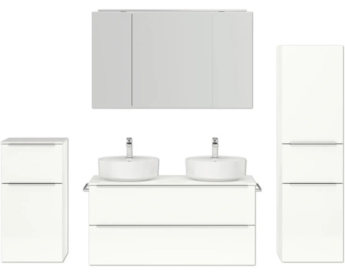 Set meubles de salle de bains double NOBILIA Programm 3 lxhxp 230 x 169,1 x 48,7 cm couleur de façade blanc haute brillance avec meuble à vasque et armoire de toilette à 3 portes avec éclairage LED meuble bas armoire midi poignée barre chrome mat 578