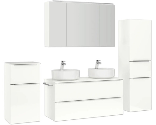 Ensemble de salle de bains avec meuble-lavabo, deux vasques à poser, armoire de toilette et armoire latérale pour une conception de salle de bains moderne et lumineuse