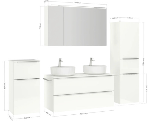 Ensemble de meubles de salle de bains avec meuble-lavabo, deux vasques, armoire de toilette et armoires hautes avec dimensions