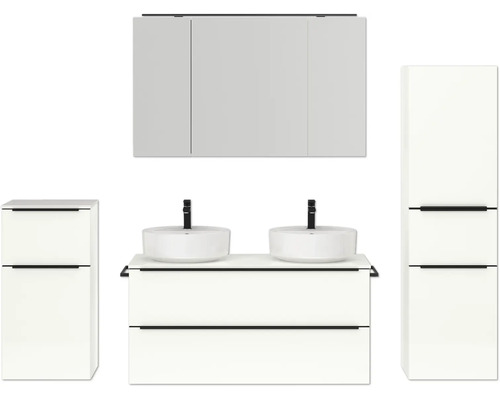 Set de meubles de salle de bains double NOBILIA Programm 3 lxhxp 230 x 169,1 x 48,7 cm couleur de façade blanc haute brillance avec vasque pour meuble et armoire de toilette à 3 portes avec éclairage LED meuble bas armoire midi barre de prise noire 579