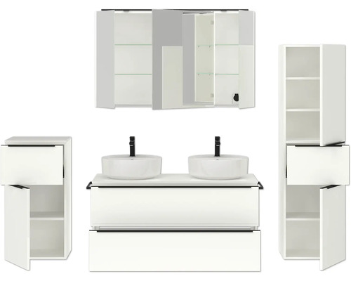 Ensemble de salle de bains avec meuble sous-vasque, deux vasques à poser, armoire de toilette et deux armoires hautes