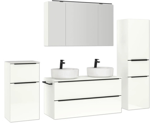 Ensemble de salle de bains avec meuble-lavabo, deux vasques, armoire de toilette et armoire haute