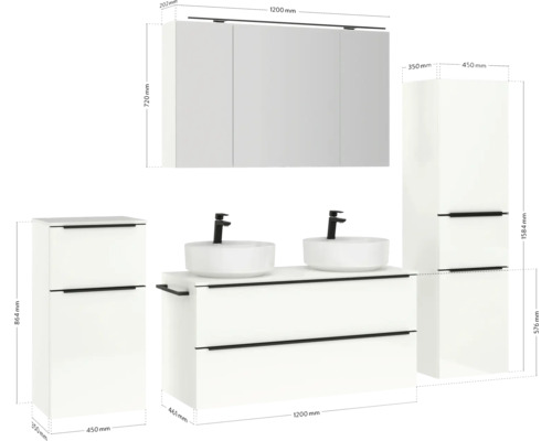 Ensemble de salle de bains avec meuble-lavabo, deux vasques à poser, armoire de toilette et deux armoires latérales avec dimensions