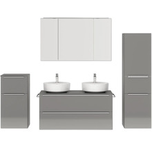Doppel-Badmöbel-Set NOBILIA Programm 3 BxHxT 230 x 169,1 x 48,7 cm Frontfarbe grau hochglanz mit Möbel-Waschtisch und Spiegelschrank 3-türig mit LED-Beleuchtung Unterschrank Midischrank Griffleiste chrom matt 580