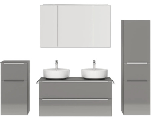 Doppel-Badmöbel-Set NOBILIA Programm 3 BxHxT 230 x 169,1 x 48,7 cm Frontfarbe grau hochglanz mit Möbel-Waschtisch und Spiegelschrank 3-türig mit LED-Beleuchtung Unterschrank Midischrank Griffleiste chrom matt 580 Badezimmerset mit Waschtischunterschrank, zwei Aufsatzwaschbecken, Spiegelschrank und Hochschrank