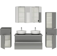 Doppel-Badmöbel-Set NOBILIA Programm 3 BxHxT 230 x 169,1 x 48,7 cm Frontfarbe grau hochglanz mit Möbel-Waschtisch und Spiegelschrank 3-türig mit LED-Beleuchtung Unterschrank Midischrank Griffleiste chrom matt 580